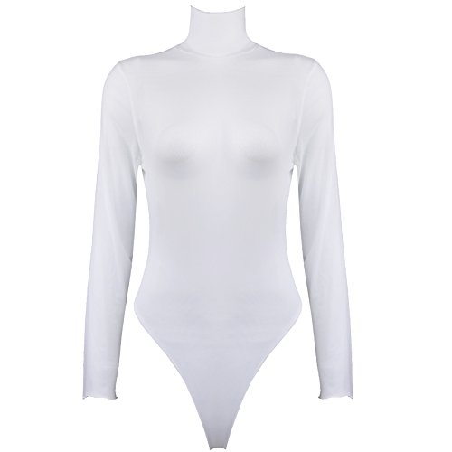 IEFIEL Lencería Sexy Mujer Conjunto Una Pieza Body Transparente Mono Manga Larga Ropa Interior Leotardo Cuello Alto Bodies Entrepierna con Corchetes Tanga Blanco S