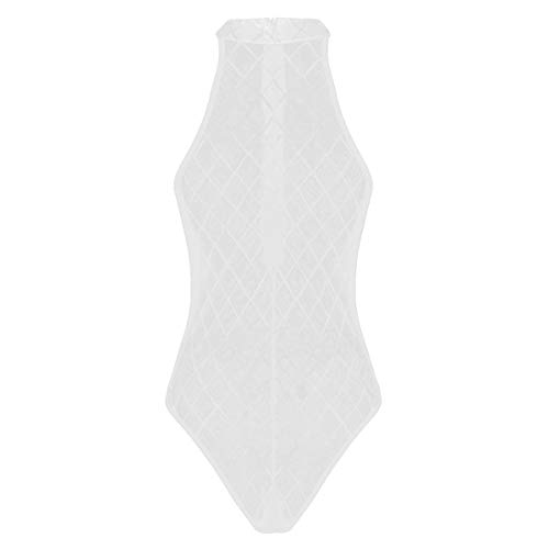 iiniim Body Transparente Sexy Mujer Mono sin Mangas Atractiva Ropa Lencería Erótica Ropa Interior Encaje Conjunto Cómodo Vendaje Entrepierna Abierto Halter Corte Alto Noche Top Blanco One Size