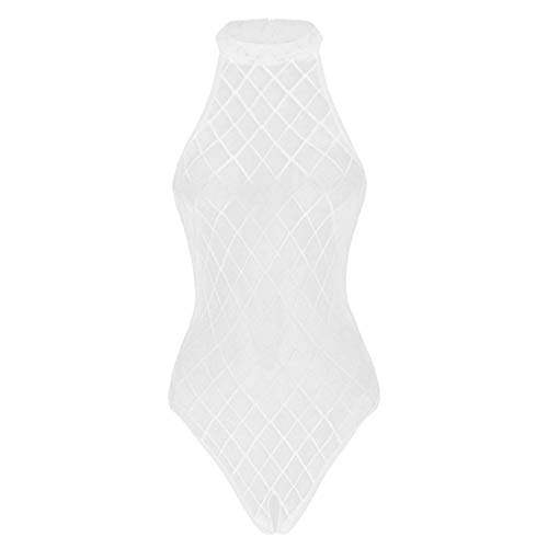 iiniim Body Transparente Sexy Mujer Mono sin Mangas Atractiva Ropa Lencería Erótica Ropa Interior Encaje Conjunto Cómodo Vendaje Entrepierna Abierto Halter Corte Alto Noche Top Blanco One Size