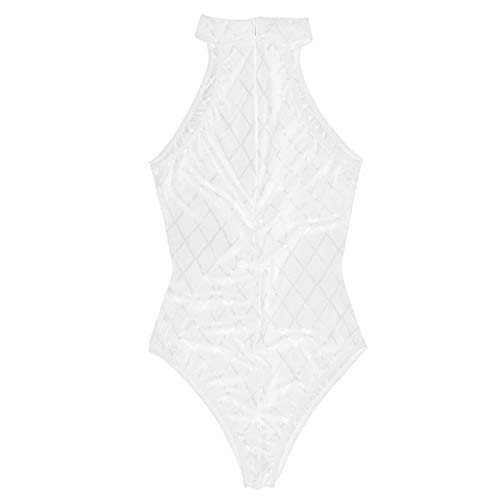 iiniim Body Transparente Sexy Mujer Mono sin Mangas Atractiva Ropa Lencería Erótica Ropa Interior Encaje Conjunto Cómodo Vendaje Entrepierna Abierto Halter Corte Alto Noche Top Blanco One Size