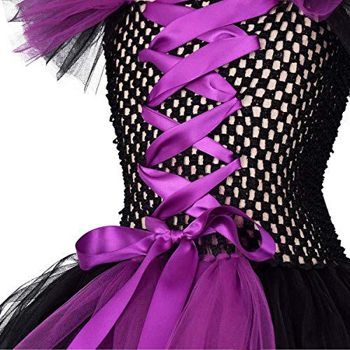 IWEMEK Disfraz de Malefica Niñas Reina Malvada Bruja Maleficent Costume Tutu Vestido con Diadema de Cuernos Alas de Angel Halloween Fancy Dress Cosplay Fiesta Carnaval Disfraces 02 7-8 Años