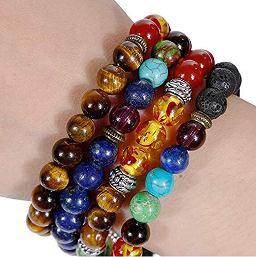 iwobi 4 PCS Pulsera de Lava,Beads Pulsera para Hombres Mujeres Pulsera de Yoga, Pulsera de Buda con Piedras Naturales de Lava y Ojo de Tigre y Ónix