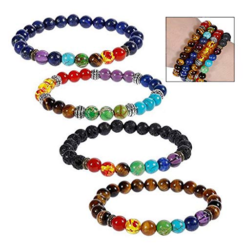 iwobi 4 PCS Pulsera de Lava,Beads Pulsera para Hombres Mujeres Pulsera de Yoga, Pulsera de Buda con Piedras Naturales de Lava y Ojo de Tigre y Ónix