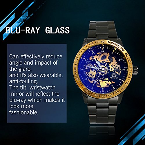JewelryWe Reloj Mecánico Automático para Hombre Reloj Negro Acero Inoxidable, Grande Reloj de Pulsera Hueco Transparente, Vidrio Azul