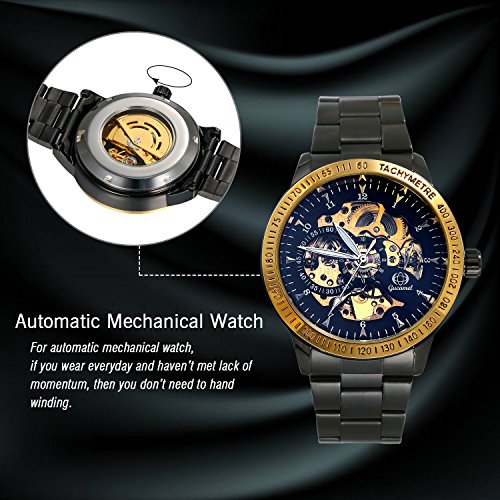 JewelryWe Reloj Mecánico Automático para Hombre Reloj Negro Acero Inoxidable, Grande Reloj de Pulsera Hueco Transparente, Vidrio Azul