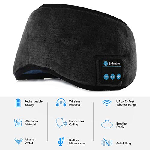 Jinxuny Bluetooth Sleeping Eye Mask Auriculares Sleeping Travel Música Eye Cover Wireless Lavable Sleep Mask Máscara de Ojo Ultra Cómoda con Auricular para Hombre Mujer Durmiendo (Color : Black)