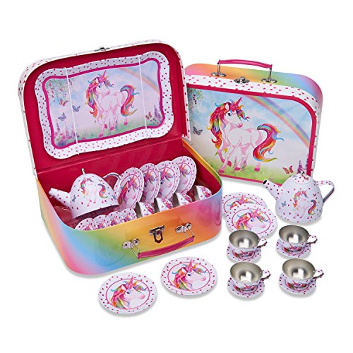 Juego de té de juguete en maletín de color rosa con unicornio mágico de Lucy Locket - Vajilla infantil de estaño de 14 piezas