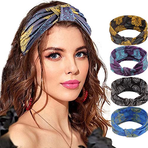 Kavya 4 piezas Boho Diadema Elástica Multicolor Diademas Diadema Mujer Clip de pelo Diadema Diadema Patrones de flores Impreso deportivo