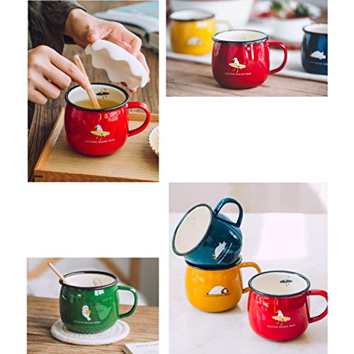 Kettle-HOT Tetera Regalo de la Taza del Esmalte, Juego de 3 Tazas de consumición 430ml for niños y Adultos, Rojo/Amarillo/Verde/Azul, Estampado de Animales de garrapatas, Presente diversión