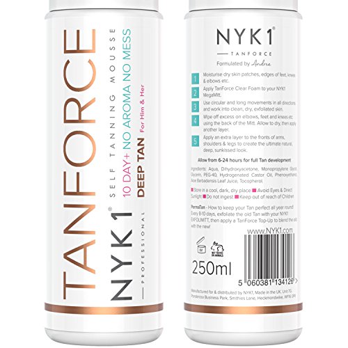 Kit De Bronceado NYK1 - Fake Tan Force, Set MegaMitt Y ExfoliMitt, Autobronceador De Bajo Olor DEEP TAN Tanforce Fake Skinny Look Tanning Mousse. Bronzer Golden Skin Look Australiano Horneado En Oro