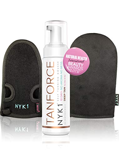 Kit De Bronceado NYK1 - Fake Tan Force, Set MegaMitt Y ExfoliMitt, Autobronceador De Bajo Olor DEEP TAN Tanforce Fake Skinny Look Tanning Mousse. Bronzer Golden Skin Look Australiano Horneado En Oro