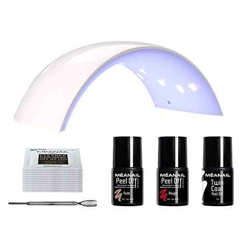 Kit de Manicura para Uñas de Gel Semipermamentes • Lámpara LED UV 24W • 2 Esmaltes Peel Off • 1 Twin Coat • No Necesita Remover • Color NUDE y ROJO • Vegan & Cruelty Free • Méanail Paris