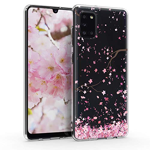 kwmobile Funda Compatible con Samsung Galaxy A31 - Carcasa de TPU y Flores Cerezo cayendo en Rosa Claro/marrón Oscuro/Transparente