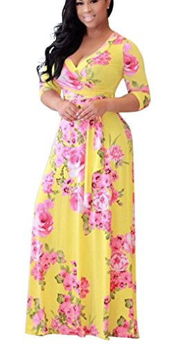 Landove Vestido de la playa del verano floral de Boho V-Cuello del partido de tarde para Amarillo S