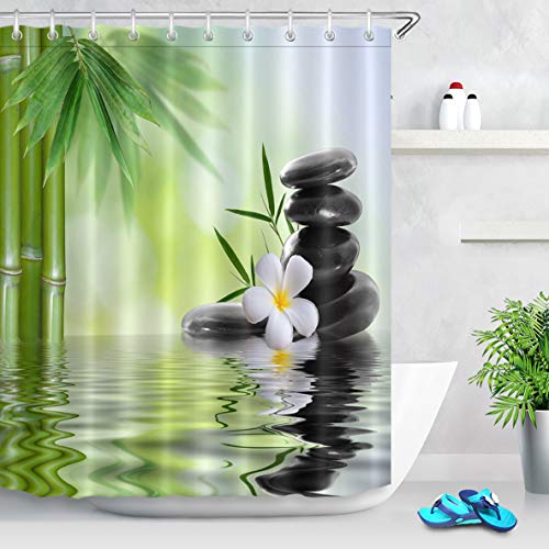 LB SPA Cortina de Ducha con Ganchos,Piedras Negras Orquídeas Bambú Cortina de baño de Agua 150W x180H CM,Tejido de poliéster Anti-Moho Resistente al Agua