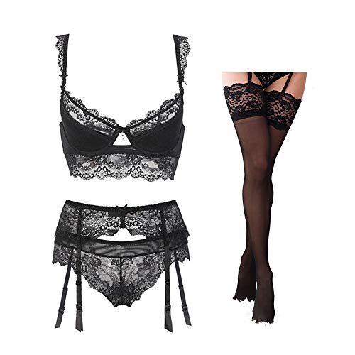 Lencería de Las Mujeres 4 Piezas Bra Sexy Bragas Liguero Stocking Temptation Set (ES:95C=EU:80C, Negro)