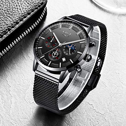 LIGE Relojes Hombres Moda Negro Acero Inoxidable Analógico Cuarzo Relojes Hombres Impermeable Deporte Cinturón de Malla Relojes