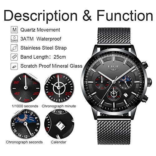 LIGE Relojes Hombres Moda Negro Acero Inoxidable Analógico Cuarzo Relojes Hombres Impermeable Deporte Cinturón de Malla Relojes