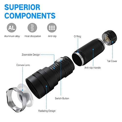 Linterna LED Recargable Alta Potencia XHP50 Linternas USB, LUXNOVAQ 6000 Lumen Zoom Torches Flashlight Tactical Impermeable EDC Luz Linterna de Mano con Batería y 3 Modos para Acampada Senderismo