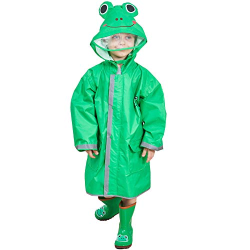 LIVACASA Poncho Lluvia Niños Impermeable Niñas Capa de Lluvia con Capucha con Seguridad Advertencia Reflectantes para Escuela Viaje Verde Talla S