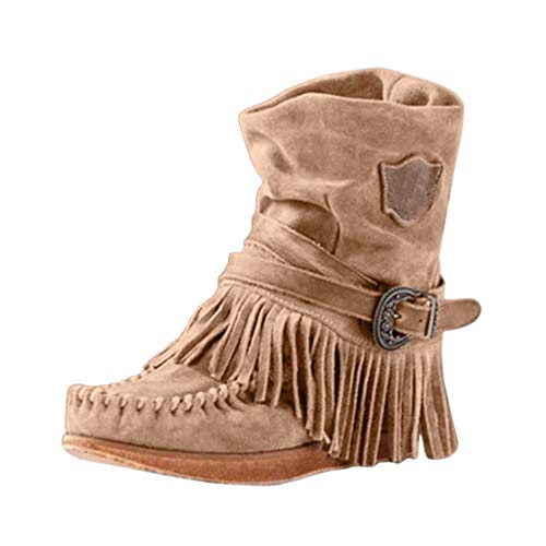 Logobeing Botas Mujer Roma Rebajas Elegantes Botas de Cuña con Punta Redonda Retro Fringe Botines Cortos Zapatos Planos (38, Brown)