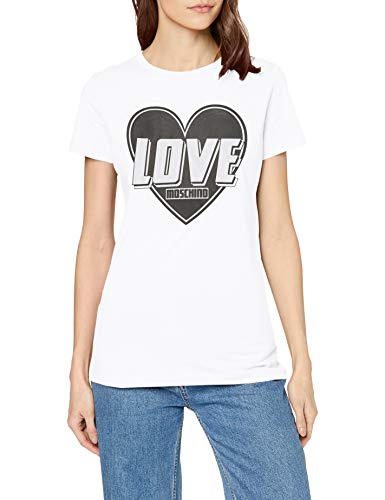 Love Moschino Short Sleeve Jersey Stretch T-Shirt_Heart & Turbo Logo Print Camiseta, Blanco (Optical White A00), 42 (Talla del Fabricante: 46) para Mujer