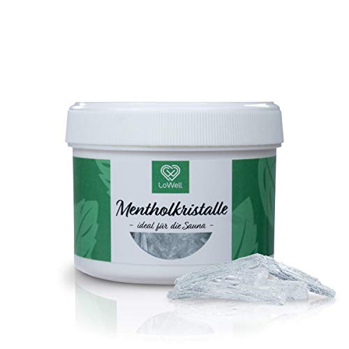 LoWell - contenido 40g - Cristales de mentol, Cristales hielo grandes, Mentol, Menta 100% puros - Con una lata práctica - Calidad farmacéutica para infusiones de sauna