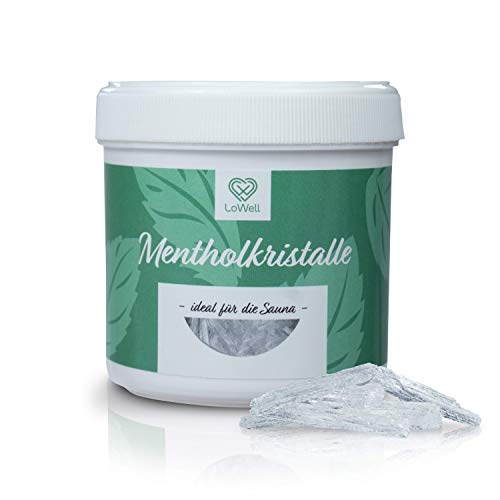 LoWell - Cristales de mentol, Cristales hielo grandes, Mentol, Menta 100% puros - Con una lata práctica - Calidad farmacéutica para infusiones de sauna - contenido 100g