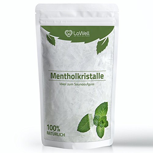 LoWell - Cristales de mentol, Menta 100% puros - Calidad farmacéutica para infusiones de sauna - contenido 100g