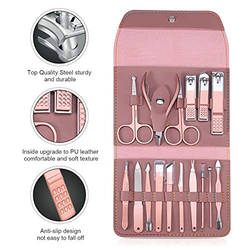 Manicura Pedicura Set 16 PCS Profesional Cortaúñas Acero Inoxidable Grooming Kit - Con Estuche De Viaje De Cuero Lujoso（Rosado）