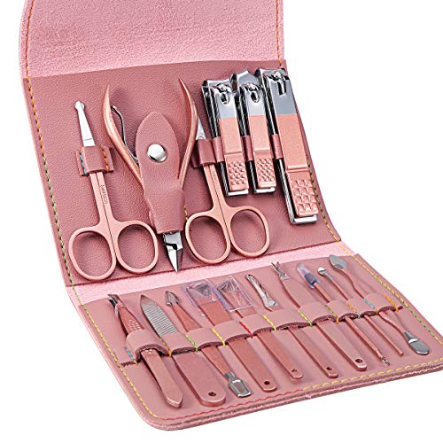 Manicura Pedicura Set 16 PCS Profesional Cortaúñas Acero Inoxidable Grooming Kit - Con Estuche De Viaje De Cuero Lujoso（Rosado）