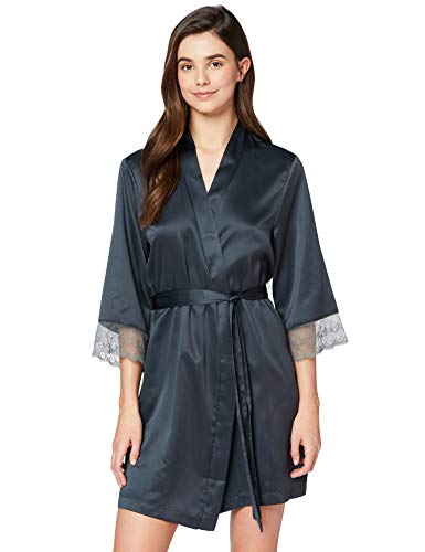 Marca Amazon - IRIS & LILLY Bata Corta Estilo Kimono de Satén para Mujer, Gris (Dark Grey), M, Label: M