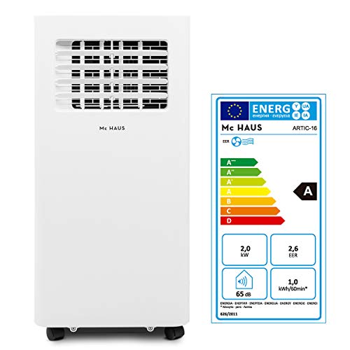 Mc Haus ARTIC-16 - Aire acondicionado portátil 7000BTU pingüino clase A ecológico, 3 en 1: refrigeración, ventilación y deshumificador, mando a distancia, hasta 20m2, color blanco