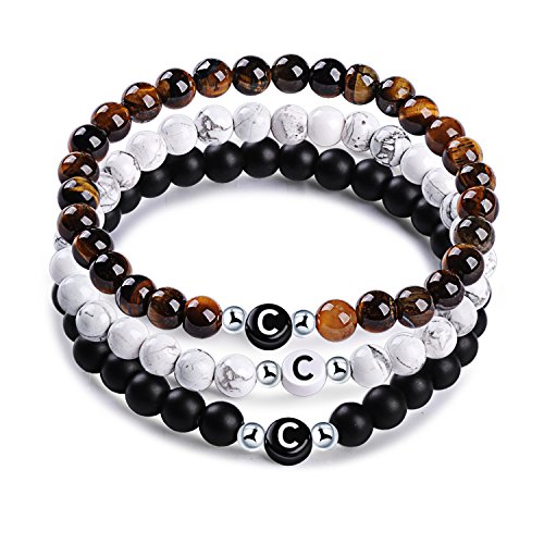 MicLee Nombre Pulsera de Amistad Hecha de Piedras Naturales con Cuentas de Letras de C, Juego de 3 Pulseras para Mujeres Hombre, con Caja de Regalo Tarjeta de Felicitación