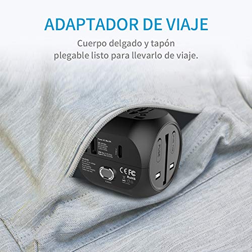 milool Adaptador Enchufe, Adaptador de Viaje Enchufe Universal Carga rápida Tres Puertos (2.4A) Seguridad de Doble fusibles para Enchufes con EU,AU,Asia,US,UK Acerca de 150 Países -(Negro)