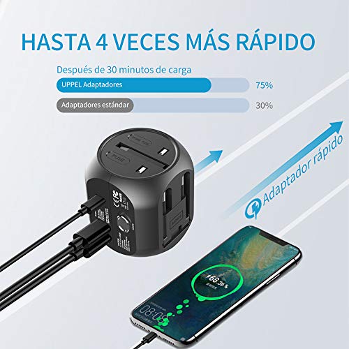 milool Adaptador Enchufe, Adaptador de Viaje Enchufe Universal Carga rápida Tres Puertos (2.4A) Seguridad de Doble fusibles para Enchufes con EU,AU,Asia,US,UK Acerca de 150 Países -(Negro)