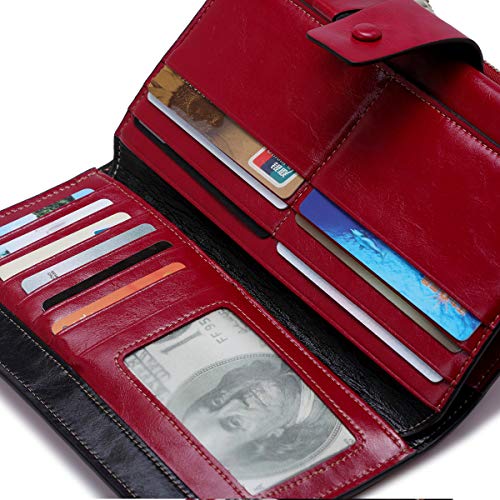 Mingtianzhan - Monedero de piel de primera capa con bloqueo RFID de color sólido, gran capacidad de cera, con múltiples ranuras para tarjetas, bolsillos con cremallera, para teléfono de hombre (rojo)