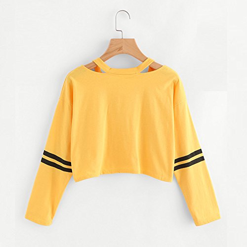 Mujer Sudaderas Cortas Adolescentes Chicas Manga Larga Sudadera con Cuello en V Casual Tops Blusas Camiseta (Amarillo, Small)