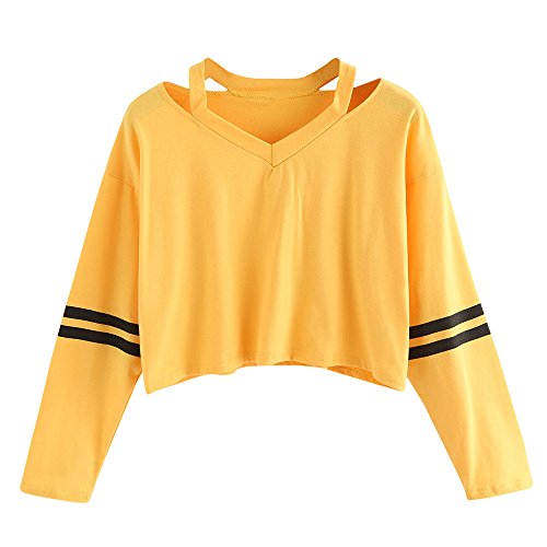 Mujer Sudaderas Cortas Adolescentes Chicas Manga Larga Sudadera con Cuello en V Casual Tops Blusas Camiseta (Amarillo, Small)