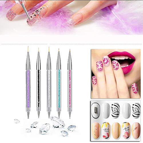 Mwoot Nail Art Brushes, 5Pcs Liner Brush Double Head punteado de cristal Herramientas de manicura Pintura Dot Pen Nail Art Paint Set