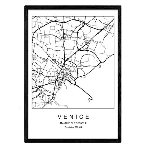 Nacnic Lámina Mapa de la Ciudad Venice Estilo nordico en Blanco y Negro. Poster tamaño A4 Sin Marco Impreso Papel 250 gr. Cuadros, láminas y Posters para Salon y Dormitorio