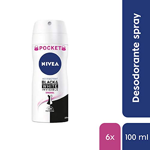 NIVEA Black & White Invisible Original Spray Pocket en pack de 6 (6 x 100 ml), desodorante de mujer con protección 48h, desodorante antitranspirante para cuidado femenino