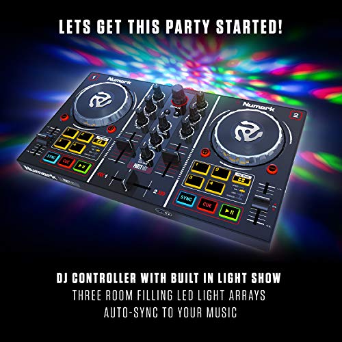 Numark Party Mix - Controlador de DJ plug-and-play de 2 canales para Serato DJ Lite con interfaz de audio incorporada, controles de pad, crossfader, jogwheels y pantalla