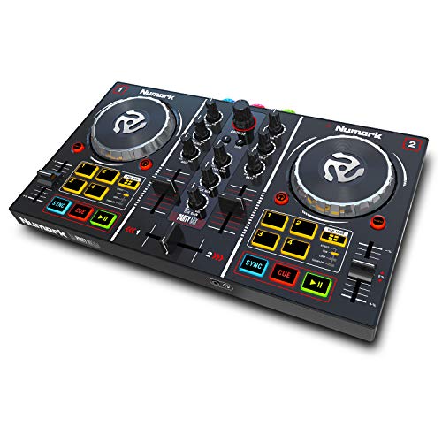 Numark Party Mix - Controlador de DJ plug-and-play de 2 canales para Serato DJ Lite con interfaz de audio incorporada, controles de pad, crossfader, jogwheels y pantalla