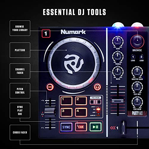 Numark Party Mix - Controlador de DJ plug-and-play de 2 canales para Serato DJ Lite con interfaz de audio incorporada, controles de pad, crossfader, jogwheels y pantalla