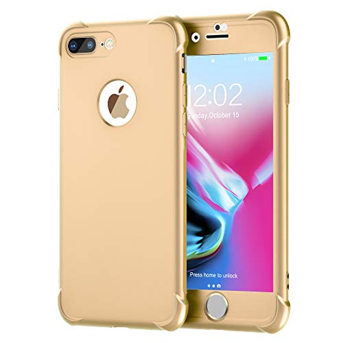 ORETECH Funda iPhone 7 Plus/iPhone 8 Plus, con [2X Protector de Pantalla de Vidrio Templado] 360 Carcasa iPhone 8 Plus Case Silicona Ligera TPU Bumper Rubber Caso para iPhone 7 Plus-Oro