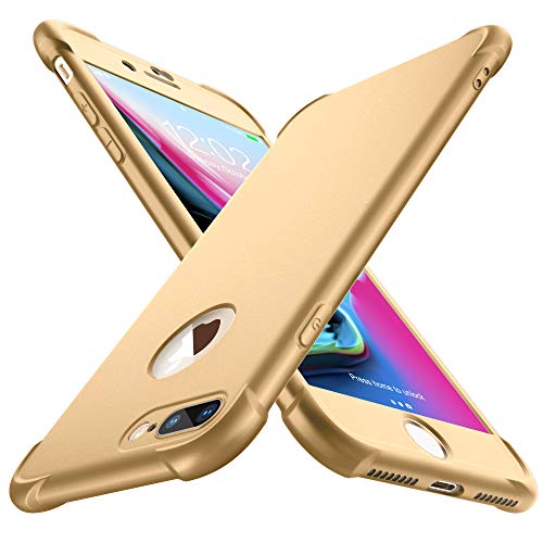 ORETECH Funda iPhone 7 Plus/iPhone 8 Plus, con [2X Protector de Pantalla de Vidrio Templado] 360 Carcasa iPhone 8 Plus Case Silicona Ligera TPU Bumper Rubber Caso para iPhone 7 Plus-Oro