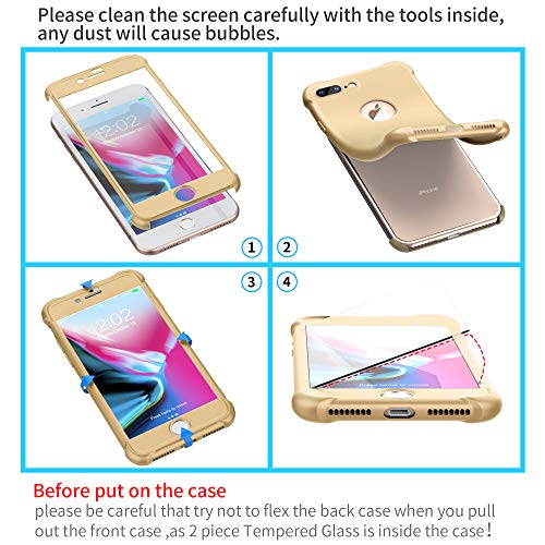 ORETECH Funda iPhone 7 Plus/iPhone 8 Plus, con [2X Protector de Pantalla de Vidrio Templado] 360 Carcasa iPhone 8 Plus Case Silicona Ligera TPU Bumper Rubber Caso para iPhone 7 Plus-Oro