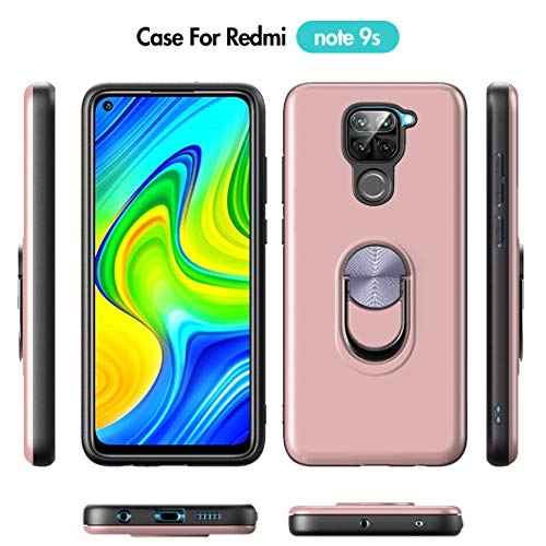 Oududianzi para Xiaomi Redmi Note 9 Funda y 2 Protectores de Pantalla de Vidrio Templado, TPU + PC Funda para teléfono con Soporte de Anillo a Prueba de Golpes para Xiaomi Redmi Note 9-Oro Rosa