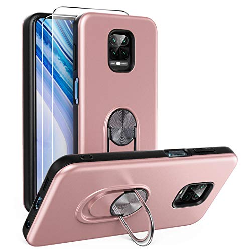 Oududianzi para Xiaomi Redmi Note 9S/Note 9 Pro Funda y 2 Protectores de Pantalla de Vidrio Templado, TPU + PC Funda para teléfono con Soporte de Anillo a Prueba de Golpes -Oro Rosa